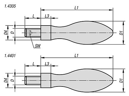 Machine handles, fixed, DIN 39 Form E, stainless steel