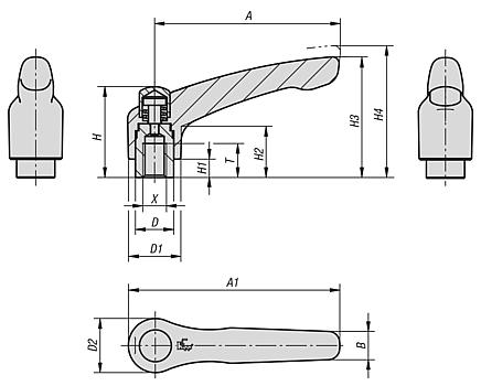 Clamping levers, die-cast zinc with internal thread and protective cap, threaded insert black oxidised steel