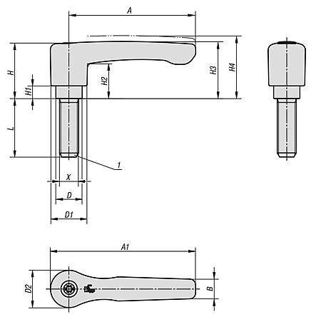 Clamping levers, flat, external thread, inch