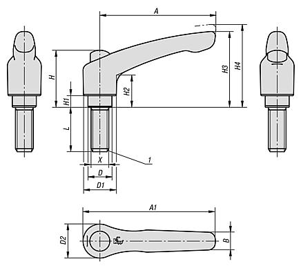 Clamping levers, die-cast zinc with external thread and protective cap, threaded pin black oxidised steel