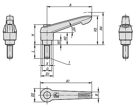 Clamping levers with push button with external thread, inch