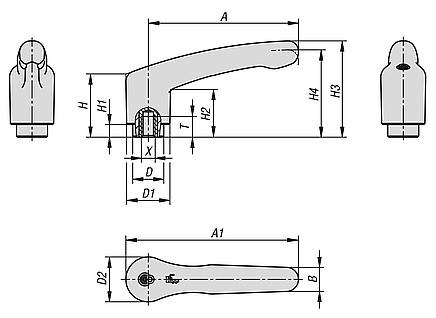 Clamping levers, plastic, with internal thread and safety function, threaded insert blue passivated steel