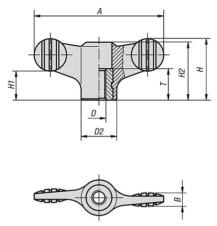 Wing grips with tapped through bush, inch