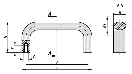 Pull handles, stainless steel 1.4301 or 1.4404, oval profile 21x13, mounted from the rear