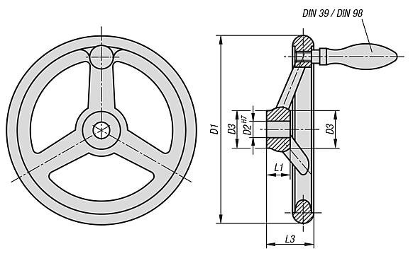 Handwheels DIN 950, grey cast iron, inch