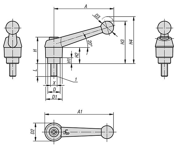 Clamping levers, die-cast zinc, with external thread, black and silver, threaded insert black oxidised steel