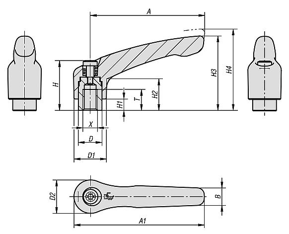 Clamping levers, die-cast zinc with internal thread, threaded insert black oxidised steel