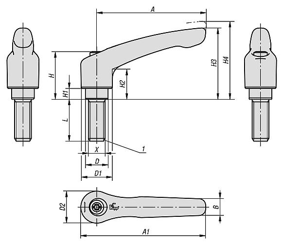 Clamping levers, die-cast zinc, with external thread, satin finish, threaded insert black oxidised steel