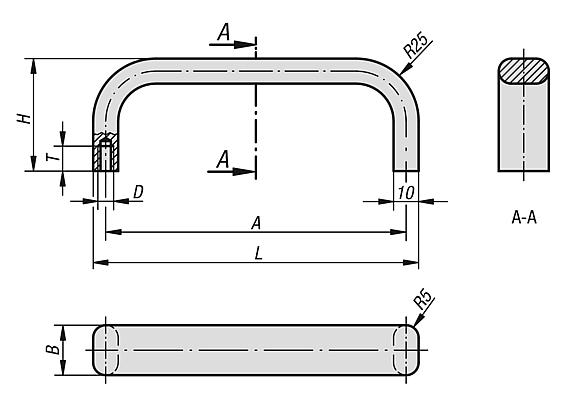 Pull handles, anodised aluminium, oval profile 20x10, mounted from the rear