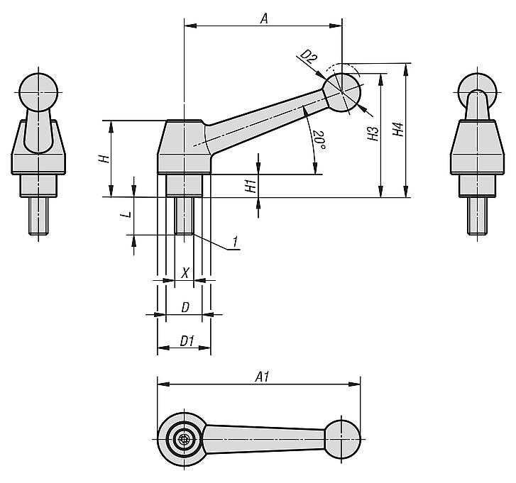 Clamping levers, steel with external thread, hammer tone enamelled, threaded insert black oxidised steel, inch