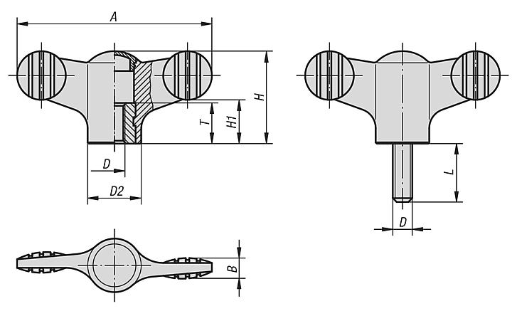 Wing grips with cap, plastic, threaded insert steel or stainless steel, inch