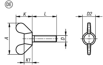 Wing screws, Form DE, German style similar to DIN 316