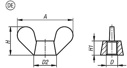 Wing nuts, Form DE, German style similar to DIN 315