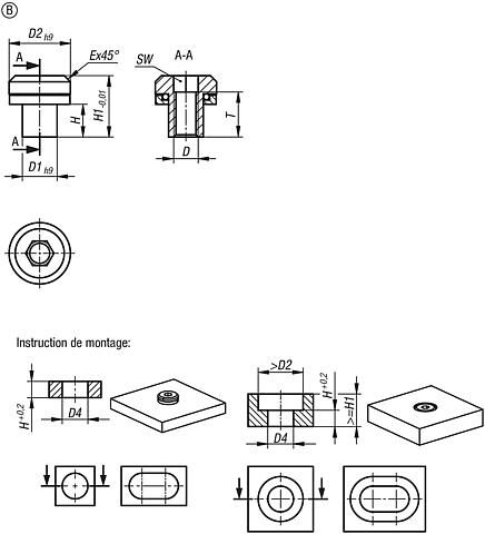 Axes épaulés à tête plate en acier avec compensation de tolérance pour palier libre, avec taraudage