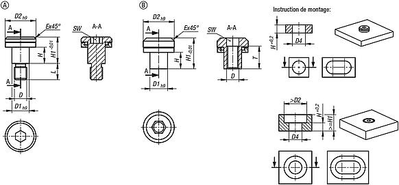 Axes épaulés à tête plate en acier avec compensation de tolérance pour palier libre