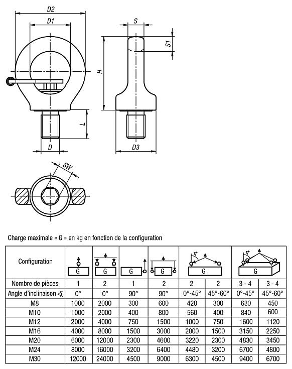 Anneau de levage tournant mâle haute résistance, classe 10