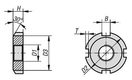 Slotted round nuts, steel, DIN 70852