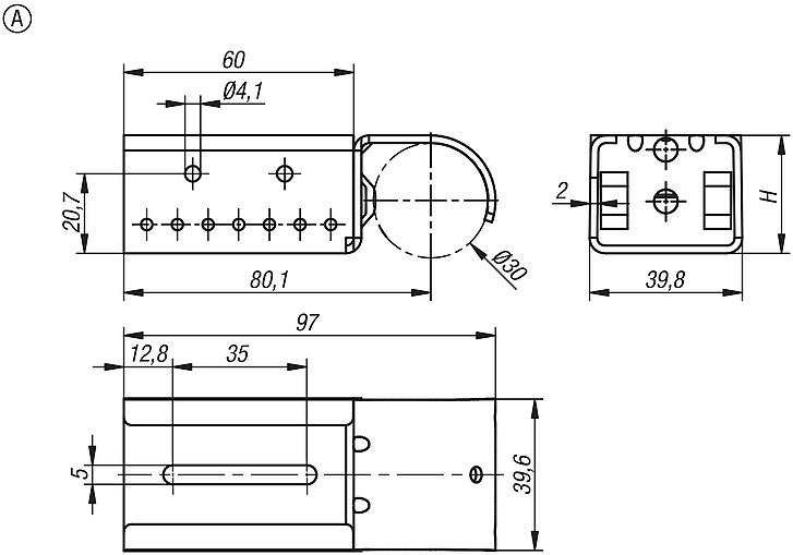 Support d'accrochage de Ø 30 en acier pour convoyeurs à rouleaux en acier, forme A