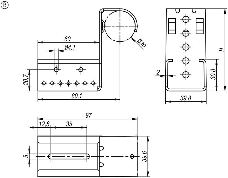 Support d'accrochage de Ø 30 en acier pour convoyeurs à rouleaux en acier, forme B