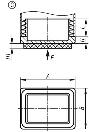 Plugs, plastic with felt glide surface for round and square tubes, Form C, rectangular