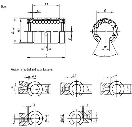 Linear ball bearings with angle error adjustment, high basic load rating, open