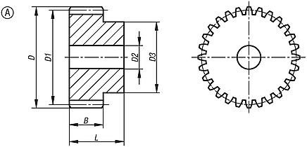 Ruedas dentadas cilíndricas de acero, módulo 2, dentado fresado, dentado recto, ángulo de presión de 20°, forma A, con cubo