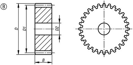 Engrenagem de aço inoxidável, módulo 1
dentes fresados, retos, ângulo de pressão 20°, forma B, sem cubo