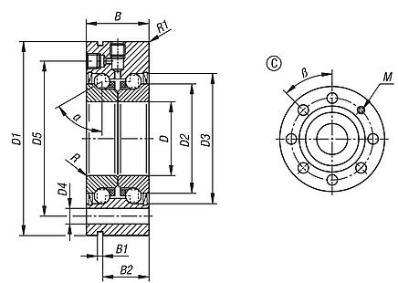 Rolamento de esferas de contato angular axial de aço de duas filas, com flange, forma C