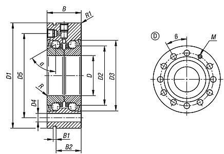 Rolamento de esferas de contato angular axial de aço de duas filas, com flange, forma D