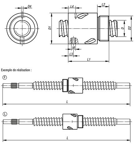 Vis à billes roulée avec écrou cylindrique à insertion