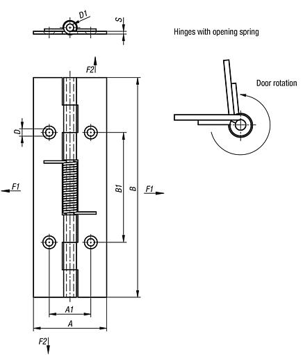 Spring hinges, steel, stainless steel or aluminium, 120 mm, spring open