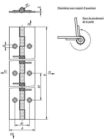 Charnières à Ressort en acier ou Inox 180 mm, Ouverture à ressort