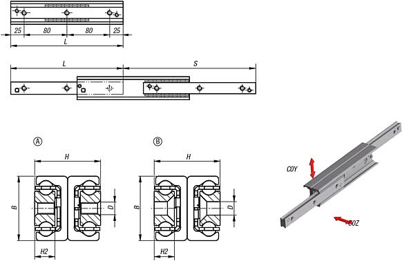 Telescopic slides, steel Double-T form, full extension, load capacity up to 305 kg