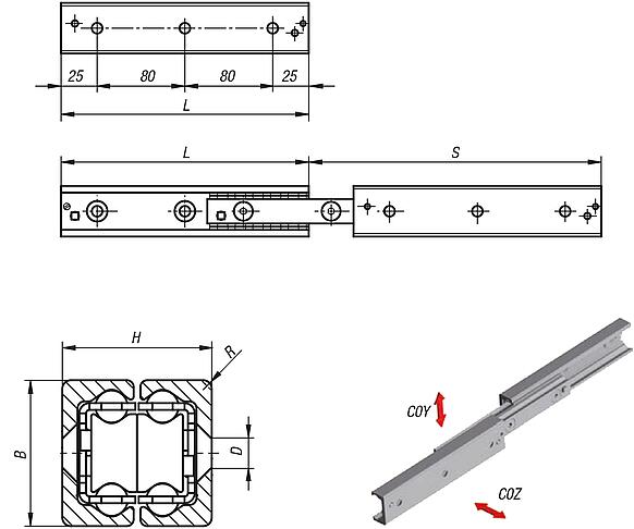 Telescopic slides, steel double arrangement, full extension, load capacity up to 133 kg