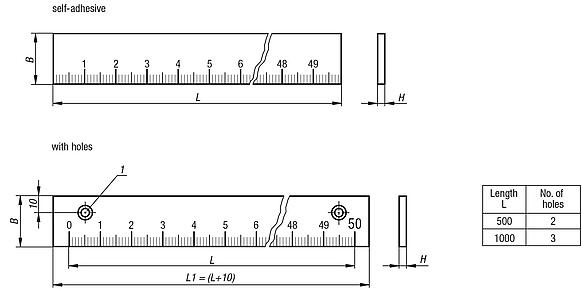 Linear scalesself-adhesive or with screw holes, aluminium