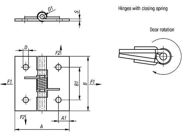 Spring hinges, steel, stainless steel or aluminium, 50 mm, spring closed