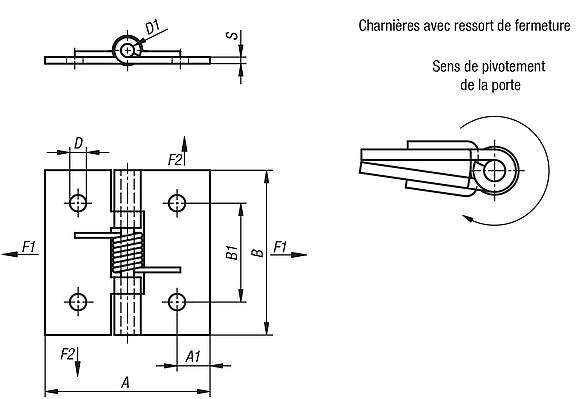 Charnières à ressort en acier, Inox ou aluminium 50 mm, fermeture à ressort