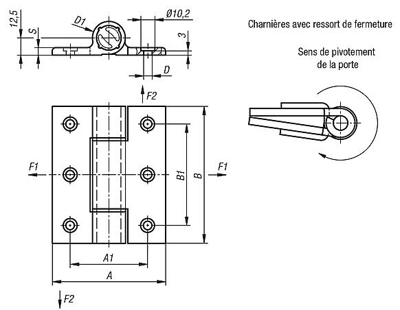 Charnières à ressort profil aluminium 3,8 Nm, fermeture à ressort