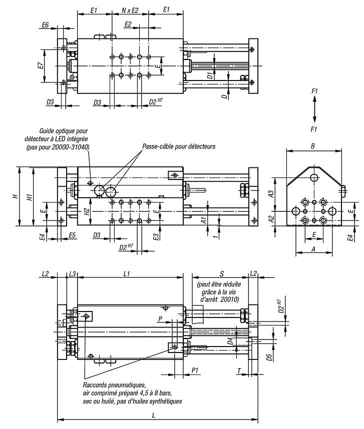 Module linéaire pneumatique avec trois guidages cylindriques
