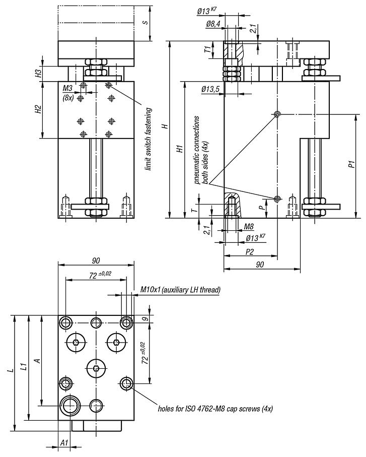 Lifting units, pneumatic with round guide, wide version