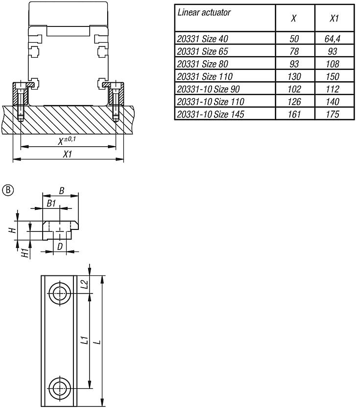 Clamping rails for linear actuator with ball screw drive, Form B, long