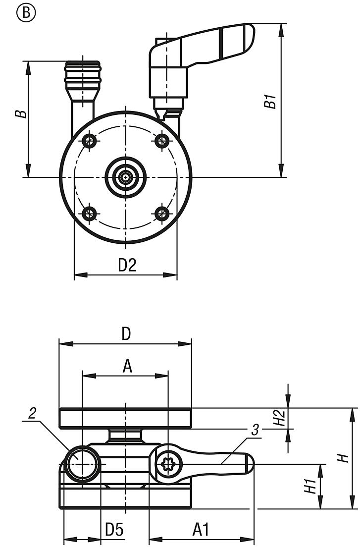 Rótula articulada com ângulo de oscilação 30° engatável, Forma B