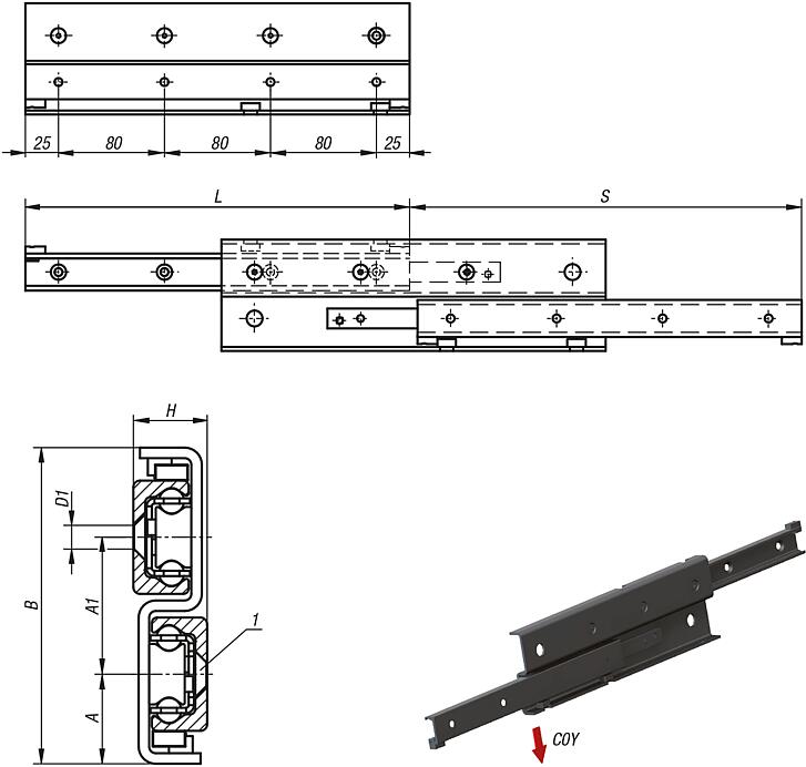 Telescopic slides, steel S-form, full extension, load capacity up to 459 kg