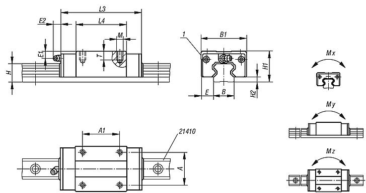 Chariot de guidage en acier, standard, avec guidage circulaire à billes pour rails de guidage profilés