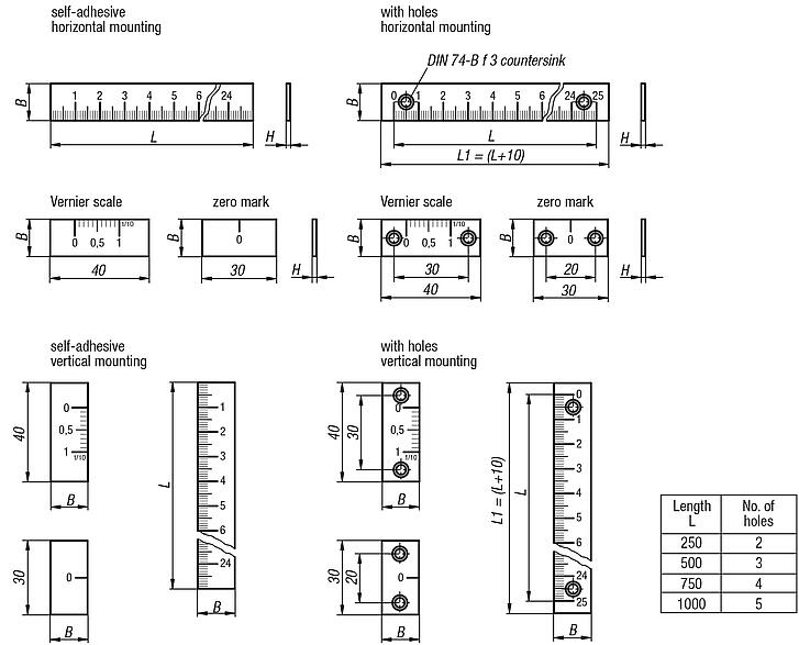 Linear scalesself adhesive or with screw holes, aluminium