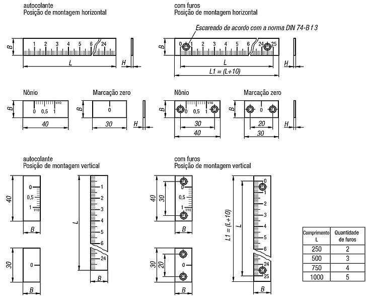 Escalas em alumínio autocolantes ou com furos