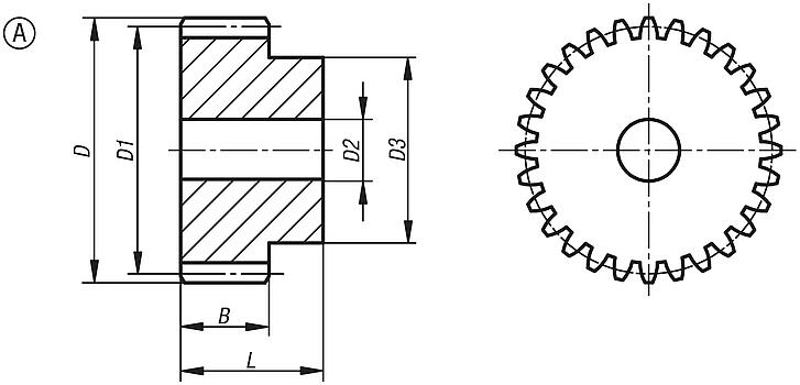 Engrenagens de aço, módulo 6, dentes fresados, retos, ângulo de pressão 20°,
 forma A com cubo