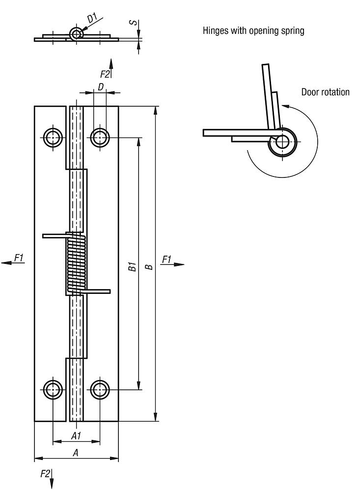 Spring hinges steel or stainless steel, 75 mm