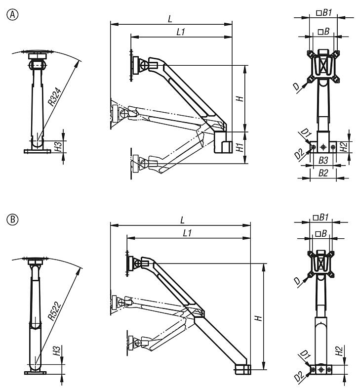Monitor brackets, aluminium, height adjustable 4 or 5 axis