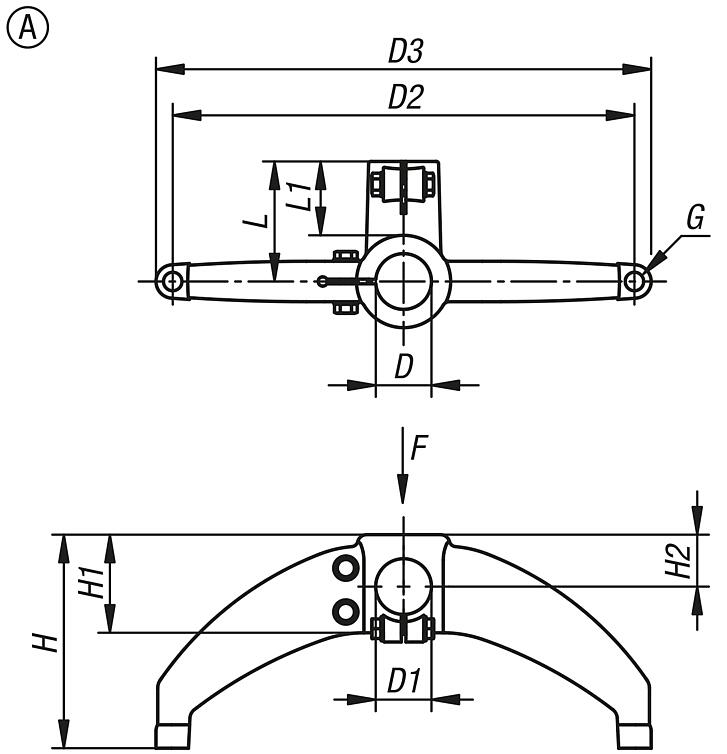 Piedino di collegamento in plastica per tubi rotondi, a due gambe, con traversa, forma A